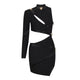 Model wearing The AURA One-Shoulder Cut-Out Mini Dress in black — asymmetric high-neck mini dress with gold accents, bodycon fit, and elegant cut-out design, perfect for evening parties and luxury fashion looks.
