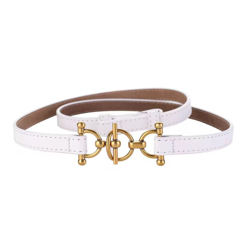 Auro Belt – slim 1.4 cm women’s belt, 100% genuine cowhide leather with gold buckle, in white
