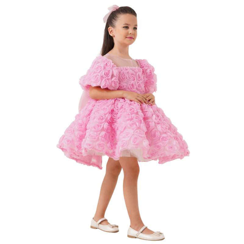 Front view of ‘Aurora Rose’ pink children’s dress with embroidered tulle overlay and back bow, perfect for special occasions.