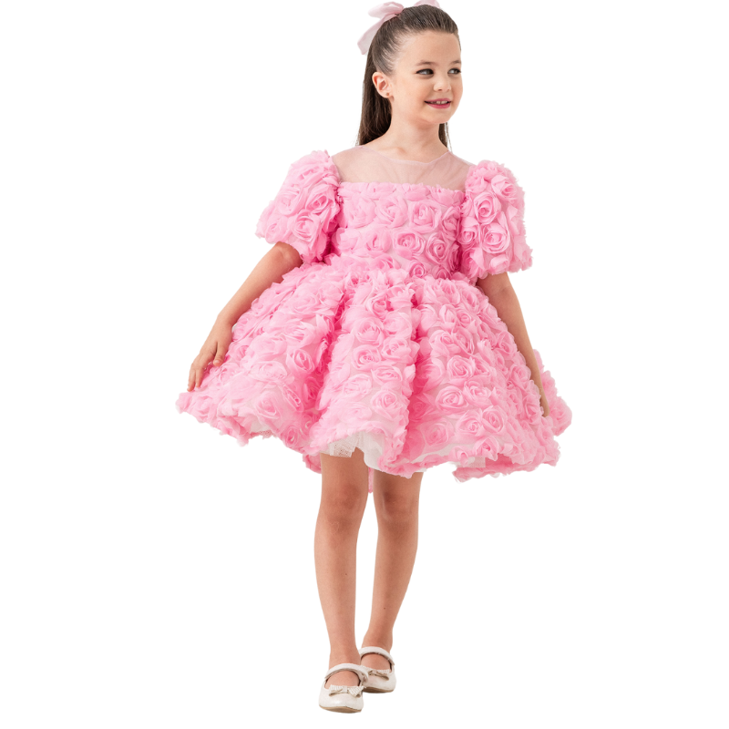 Front view of ‘Aurora Rose’ pink children’s dress with embroidered tulle overlay and back bow, perfect for special occasions.