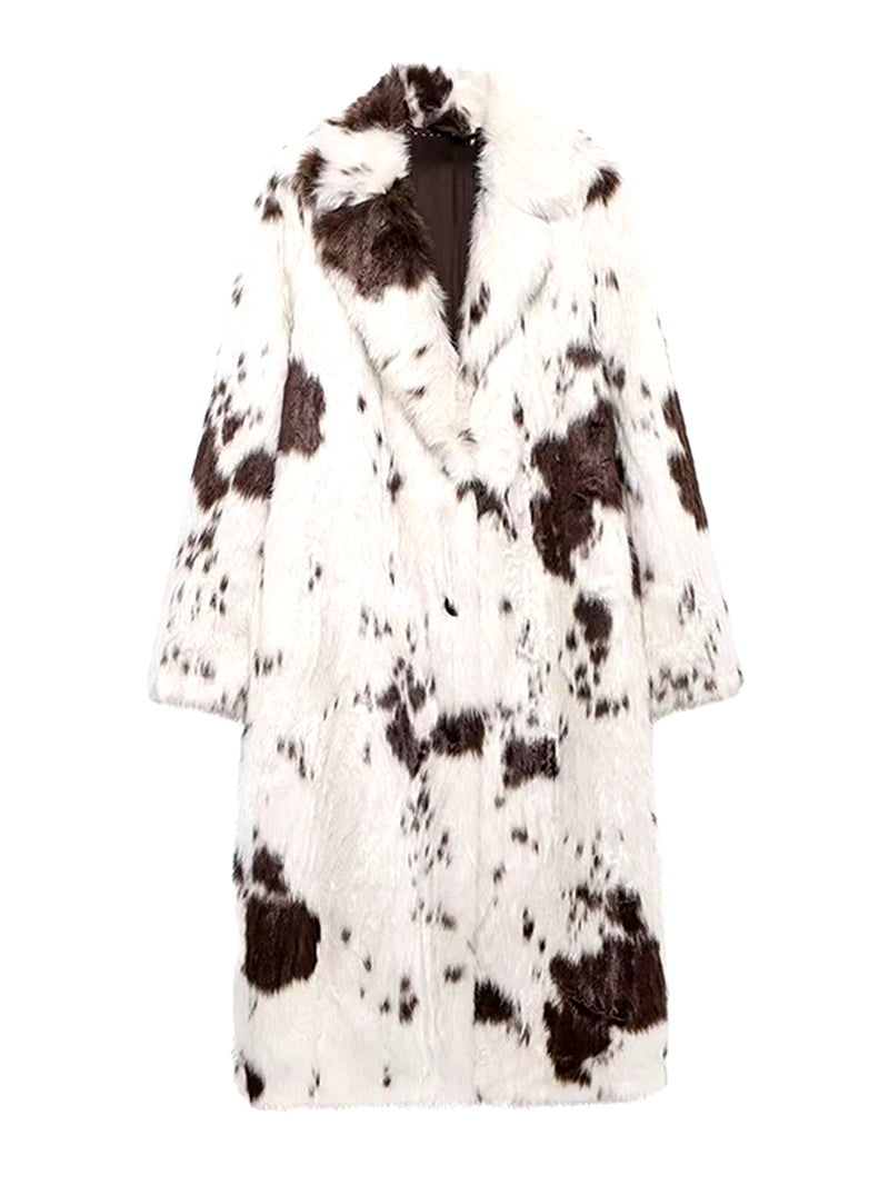 Long white faux fur coat with cow print, stylish women's outerwear, trendy faux fur coat, elegant fashion statement, chic casual coat, sustainable women's fashion, versatile winter coat.