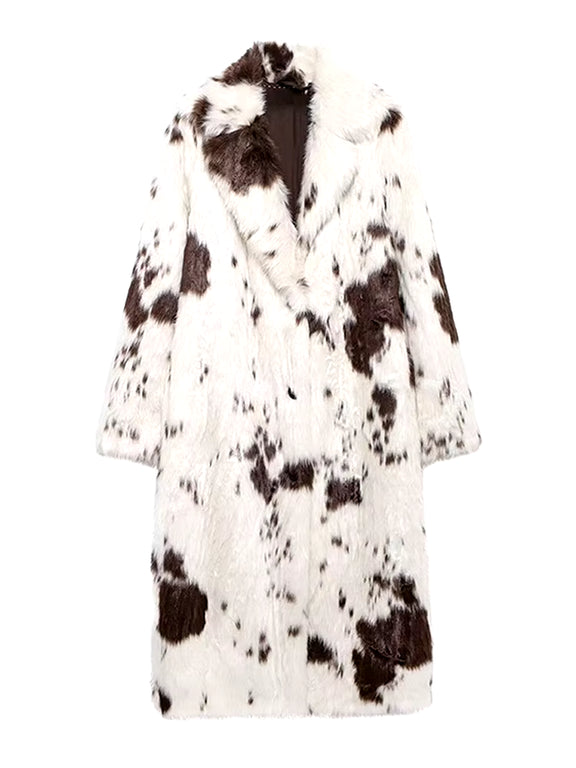 Long white faux fur coat with cow print, stylish women's outerwear, trendy faux fur coat, elegant fashion statement, chic casual coat, sustainable women's fashion, versatile winter coat.