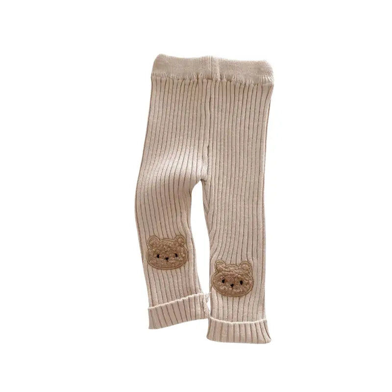 Chic Charm baby leggings with animal faces – cute bunny, bear, and fox designs on knees. Soft, comfortable polyester-viscose blend leggings for girls, perfect for autumn.