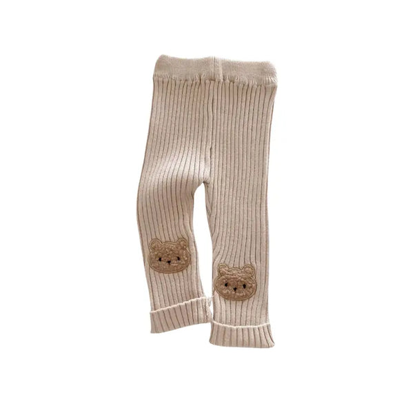 Chic Charm baby leggings with animal faces – cute bunny, bear, and fox designs on knees. Soft, comfortable polyester-viscose blend leggings for girls, perfect for autumn.