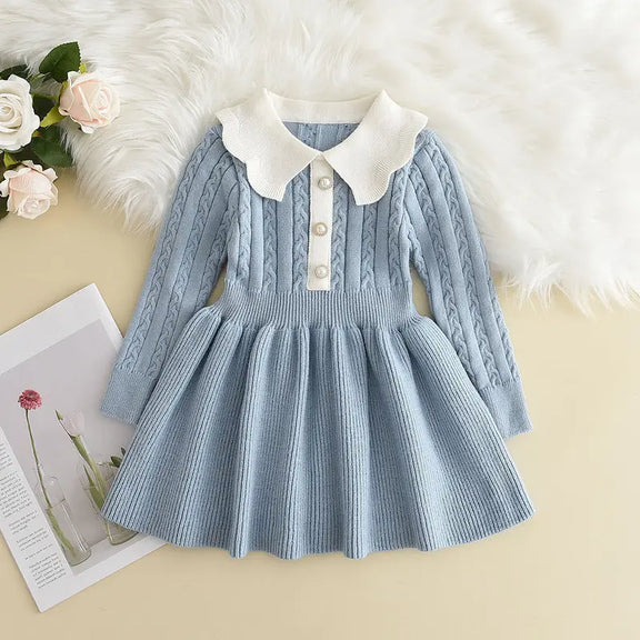 LittleChic Baby Knit Dress in Blue and Pink – Cable Knit, Peter Pan Collar, Pearl-like Buttons