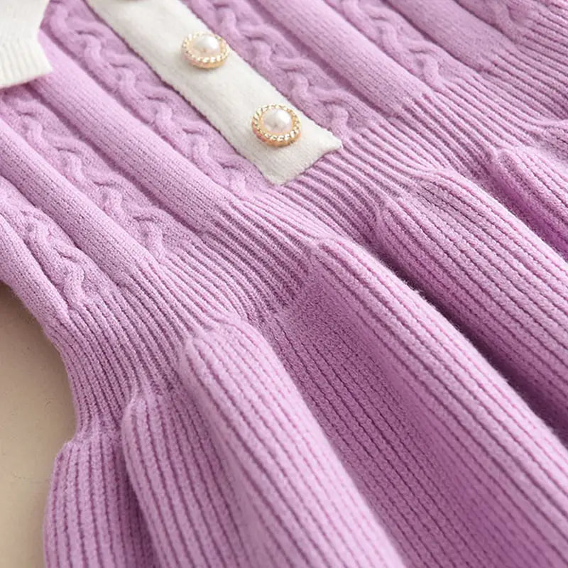 LittleChic Baby Knit Dress in Blue and Pink – Cable Knit, Peter Pan Collar, Pearl-like Buttons