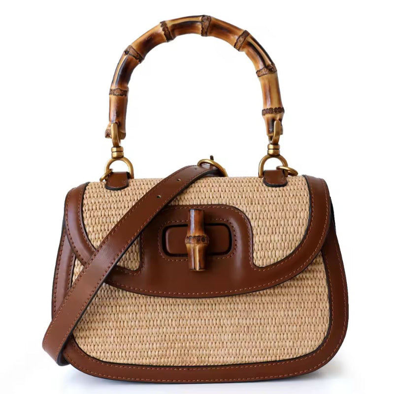 Bamboo Grace designer handbag with real leather and straw, bamboo top handle, crossbody strap, and structured silhouette – elegant summer purse for women, natural woven handbag with high-end fashion design, compact bag for phone and wallet.