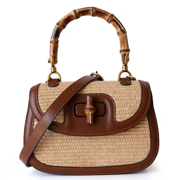 Bamboo Grace designer handbag with real leather and straw, bamboo top handle, crossbody strap, and structured silhouette – elegant summer purse for women, natural woven handbag with high-end fashion design, compact bag for phone and wallet.