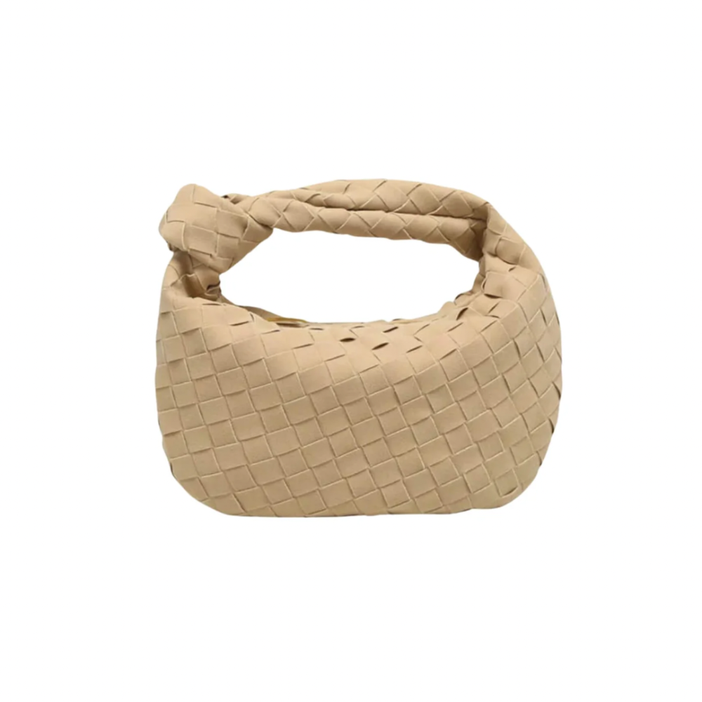 Luxe Weave Suede Handbag in soft beige color, highlighting a luxurious woven texture