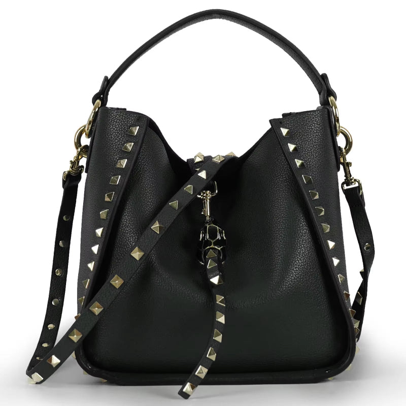 Trendy bucket bag made from genuine cowhide leather with studded details. Black, Valentino Style