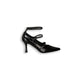 Luxurious black high heels with glossy faux leather, pointed toe, three adjustable straps with buckles, and a mid-height slim heel, perfect for formal occasions, weddings, and evening events