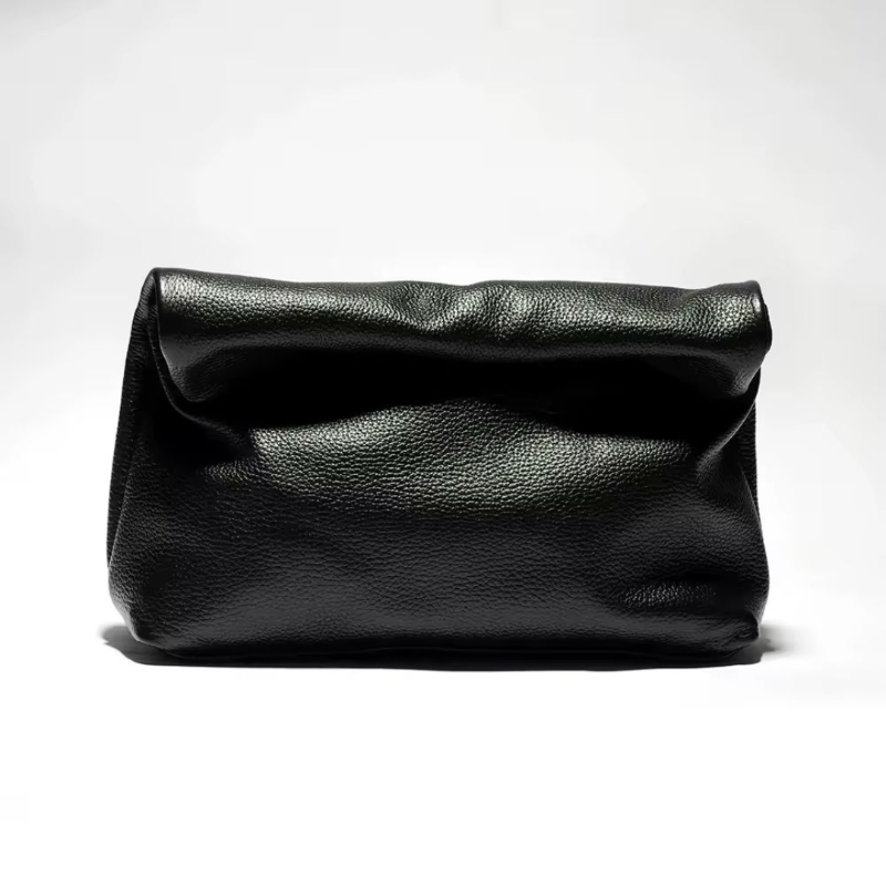 Black genuine leather clutch bag, foldover design, minimalist style with soft touch
