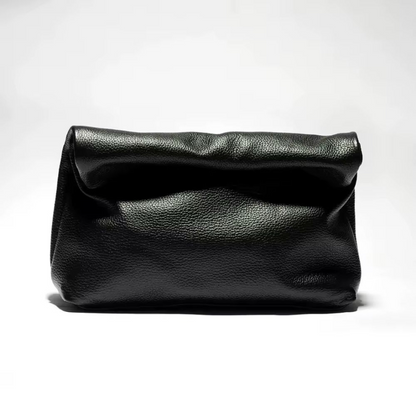 Black genuine leather clutch bag, foldover design, minimalist style with soft touch
