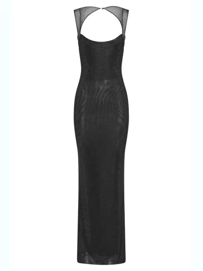 Model wearing black glitter strap evening dress – long bodycon gown with hot diamond sparkle, perfect for cocktail night or clubwear.