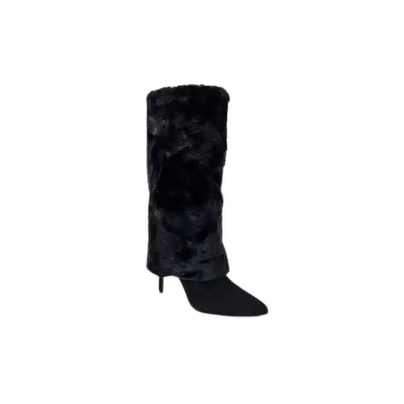 Trendy knee-high boots with leopard print faux fur and tan faux suede, featuring a sleek pointed toe, high stiletto heel, and a side zipper for easy wear. Perfect for adding a bold statement to any fashion-forward outfit.