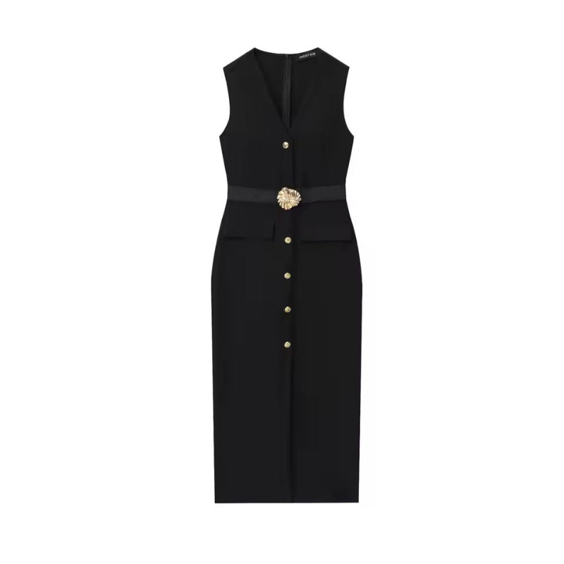 Timeless belted midi dress in brown polyester with gold buttons – sleeveless women’s style
