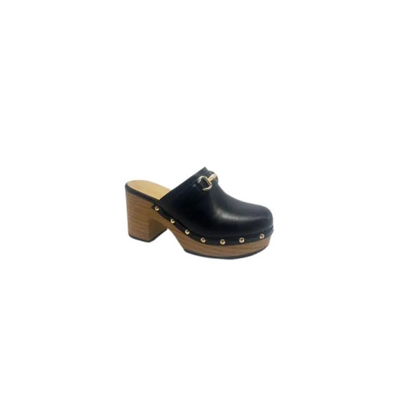 Stylish modern clogs with chunky wooden block heel, metallic buckle strap, and stud details, available in black and cream, perfect for casual and semi-formal occasions. Fashion Clogs Chic