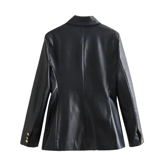 Elegant double-breasted PU leather blazer for women in black with gold buttons and notched lapels.