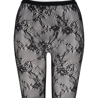 Elegant floral sheer tights in black and white with floral pattern, elastic material, reinforced toe, and soft waistband, offering comfort and style for women.