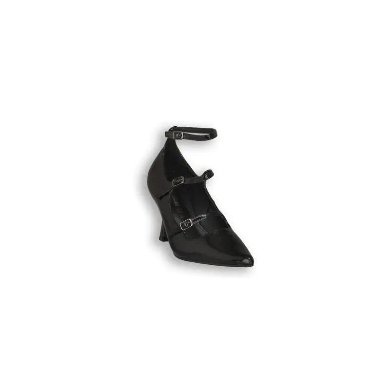 Luxurious black high heels with glossy faux leather, pointed toe, three adjustable straps with buckles, and a mid-height slim heel, perfect for formal occasions, weddings, and evening events