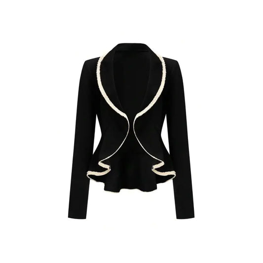 Chic black long sleeve top with V-neck, ruffle accents, and contrast cuffs – elegant and feminine.