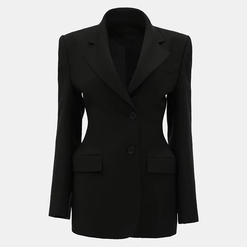 Elegant Women's Slim Blazer with Shoulder Pads in Cotton-Polyester Blend for Spring 2025 Office Wear.
