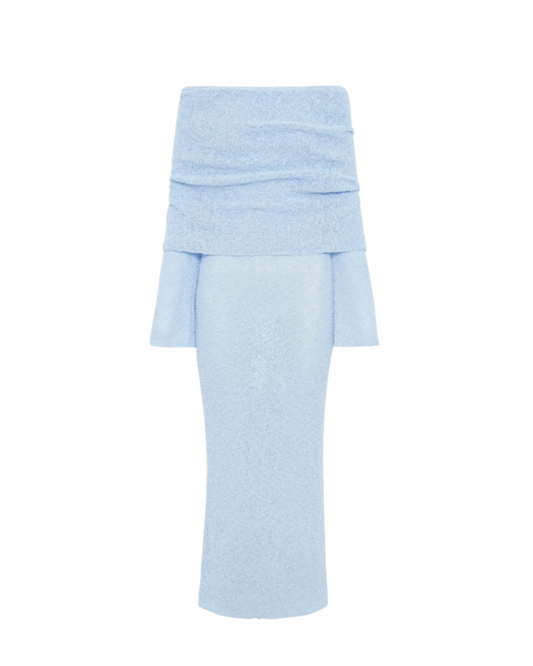 Sky blue fitted maxi dress with modern square shoulder overlay – Chic & Charm
