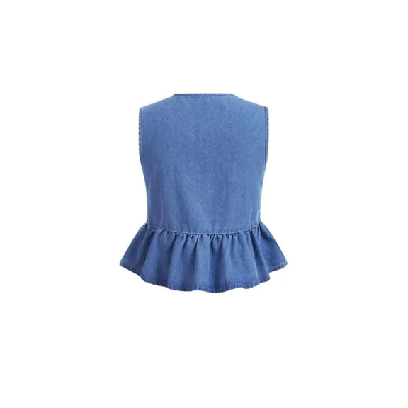 Women’s sleeveless denim top with bow detail, short cut, bleached wash, and comfortable regular fit. Perfect for casual summer wear and everyday outfits.