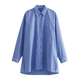 Sky blue striped long-sleeve button-down shirt with chest pocket – lightweight polyester blend, relaxed oversized fit for summer days.