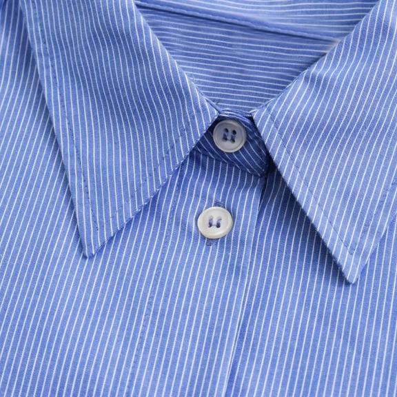 Sky blue striped long-sleeve button-down shirt with chest pocket – lightweight polyester blend, relaxed oversized fit for summer days.