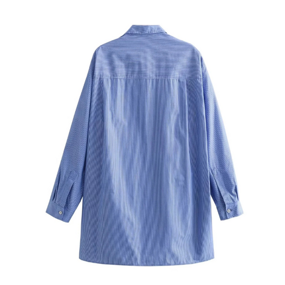 Sky blue striped long-sleeve button-down shirt with chest pocket – lightweight polyester blend, relaxed oversized fit for summer days.
