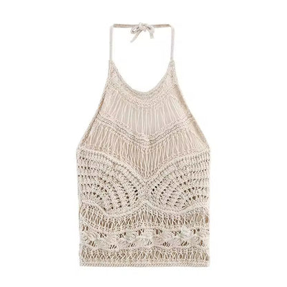 Beige crochet halter crop top with boho knit design – backless, sleeveless, perfect for beach and summer outfits.
