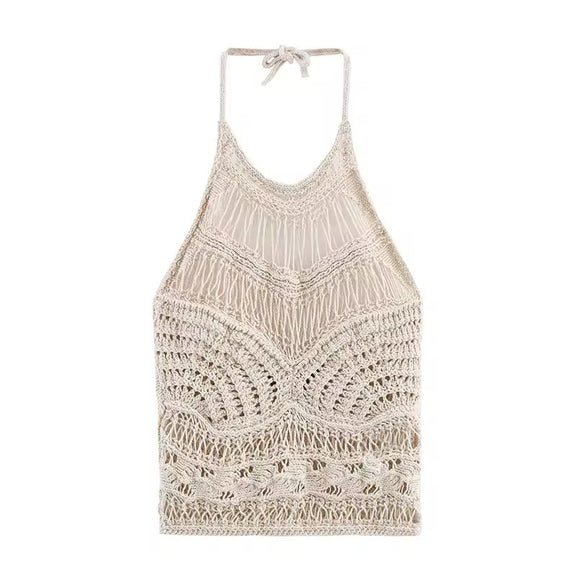 Beige crochet halter crop top with boho knit design – backless, sleeveless, perfect for beach and summer outfits.
