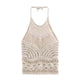 Beige crochet halter crop top with boho knit design – backless, sleeveless, perfect for beach and summer outfits.
