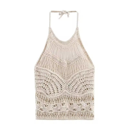 Beige crochet halter crop top with boho knit design – backless, sleeveless, perfect for beach and summer outfits.
