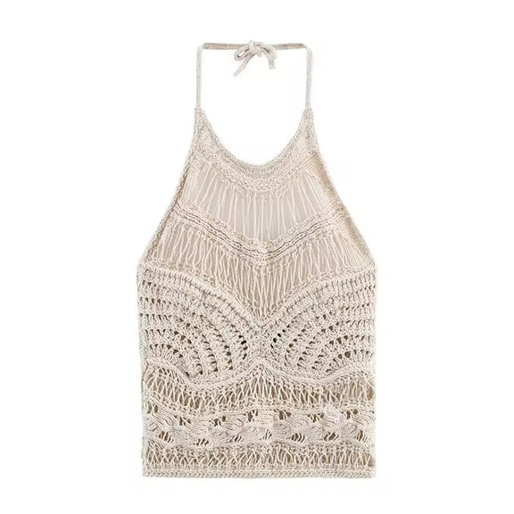 Beige crochet halter crop top with boho knit design – backless, sleeveless, perfect for beach and summer outfits.
