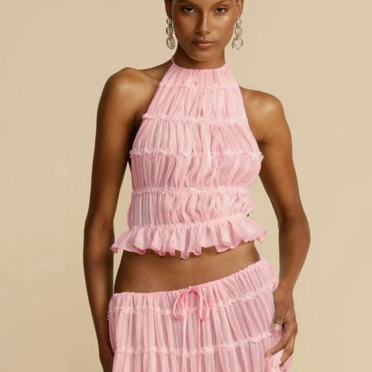 Boho-chic Ibiza dress – 2-piece summer outfit with a flowy pleated maxi skirt and backless halter top, perfect for beach vacations, weddings & festivals.