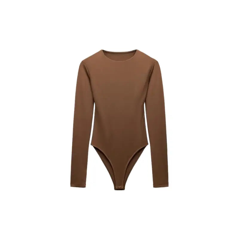 Brown tailored body for women with round neck and long sleeves, made from polyester, cotton, and elastane for comfort and flexibility. Figure-hugging Body-