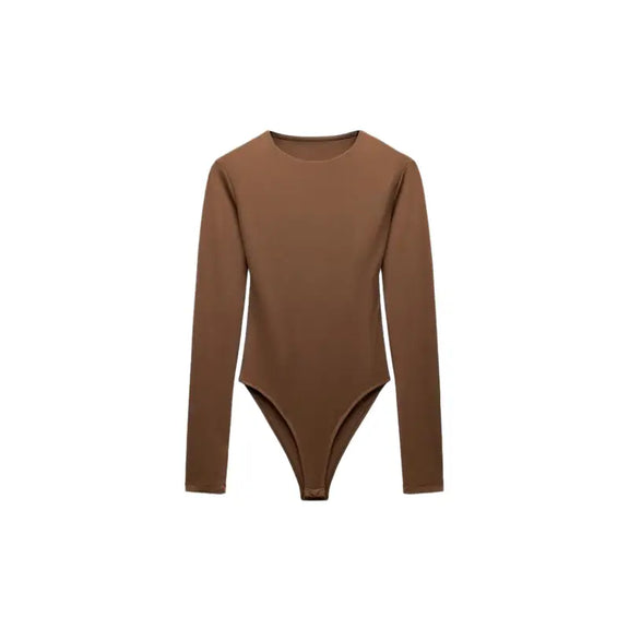 Brown tailored body for women with round neck and long sleeves, made from polyester, cotton, and elastane for comfort and flexibility. Figure-hugging Body-