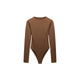 Brown tailored body for women with round neck and long sleeves, made from polyester, cotton, and elastane for comfort and flexibility. Stretchable Body.