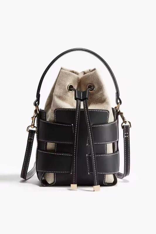 LORVÉ Elegance Bucket Bag – luxury women’s PU leather handbag in black, designer crossbody bag for everyday and evening wear.
