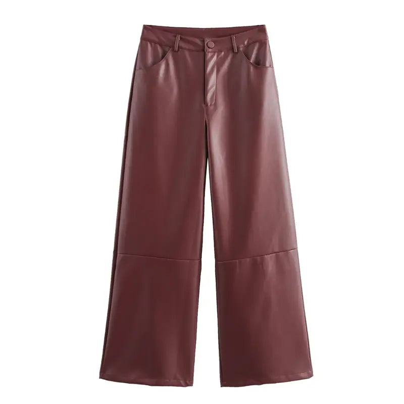 Burgundy faux leather pants with wide-cut design and functional pockets for stylish women.