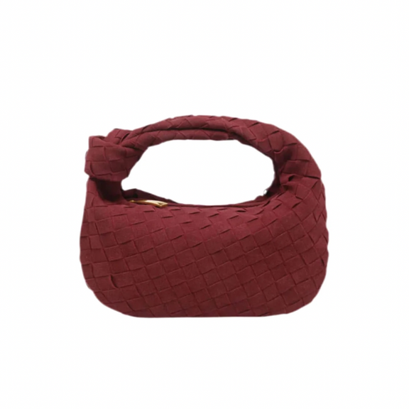 Luxe Weave Suede Handbag in deep burgundy red, featuring a stylish woven pattern