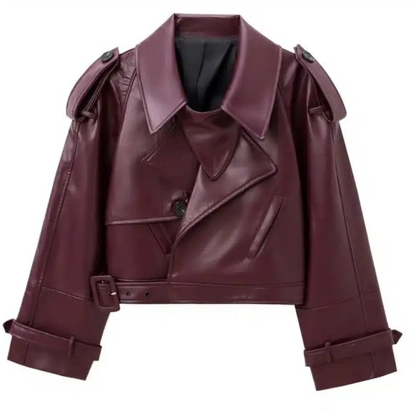 Burgundy vegan leather jacket for women with wide lapel, epaulettes, waist belt, and breathable lining, perfect for sustainable fashion.