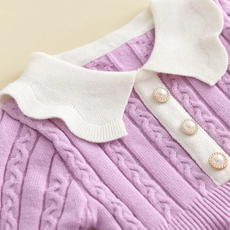 LittleChic Baby Knit Dress in Blue and Pink – Cable Knit, Peter Pan Collar, Pearl-like Buttons