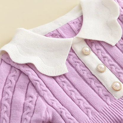 LittleChic Baby Knit Dress in Blue and Pink – Cable Knit, Peter Pan Collar, Pearl-like Buttons