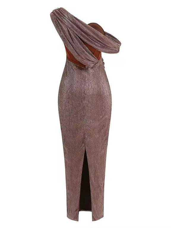 Backless bronze glitter maxi dress with draped shoulder and body-hugging corset fit – CAIRA Gown