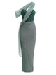 CAIRA Gown in Emerald Mist – green glitter one shoulder evening dress with open back and corset shape
