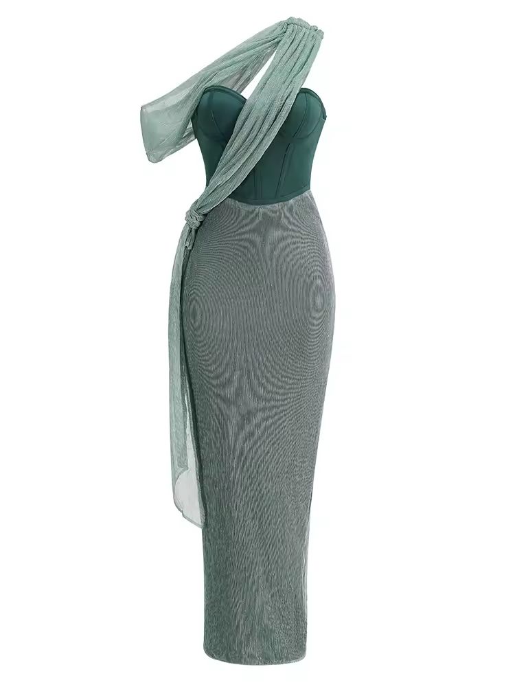 CAIRA Gown in Emerald Mist – green glitter one shoulder evening dress with open back and corset shape
