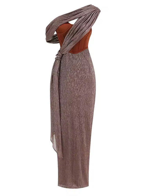 Sexy bronze formal dress for women – CAIRA Gown with shimmer fabric, open back and elegant silhouette
